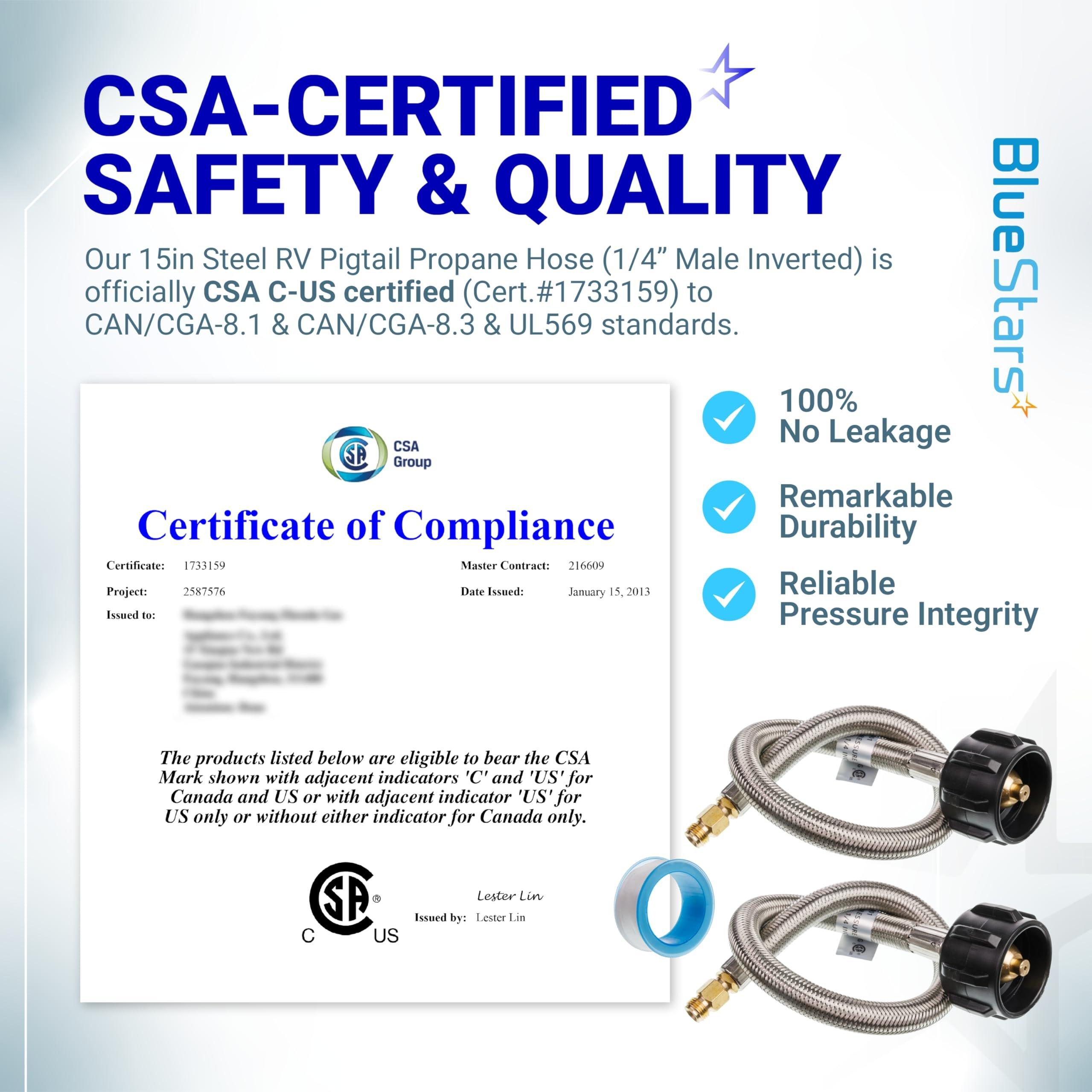 [1/4â€ Male Inverted Flare] 15 inch Stainless Braided RV Propane Pigtail Hose - Connects QCC1 - Propane Tank Connector for BBQ RV Camper Two-Stage Regulator - 2 Pack, Includes Seal Tape image 1