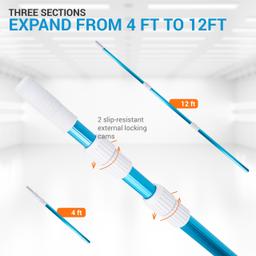 Heavy Duty 12ft Aluminum Telescopic Swimming Pool Pole - Adjustable 3-Piece Expandable Step-Up - 1-1/4" Diameter Connection End - Attach Skimmer Nets, Rakes, Brushes, Vacuum Heads thumbnail 3