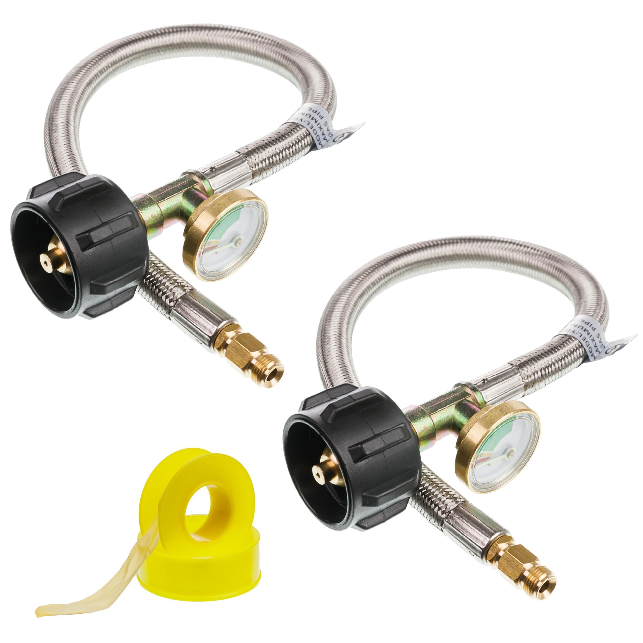 [Lifetime Warranty] [1/4" Male Inverted] 15 inch RV Propane Hoses with Gauge - Connects QCC1, Stainless Steel Braided Camper Propane Pigtail for 5LB - 40LB Tank to Two-Stage Regulator - 2 Pack with Tape image 0