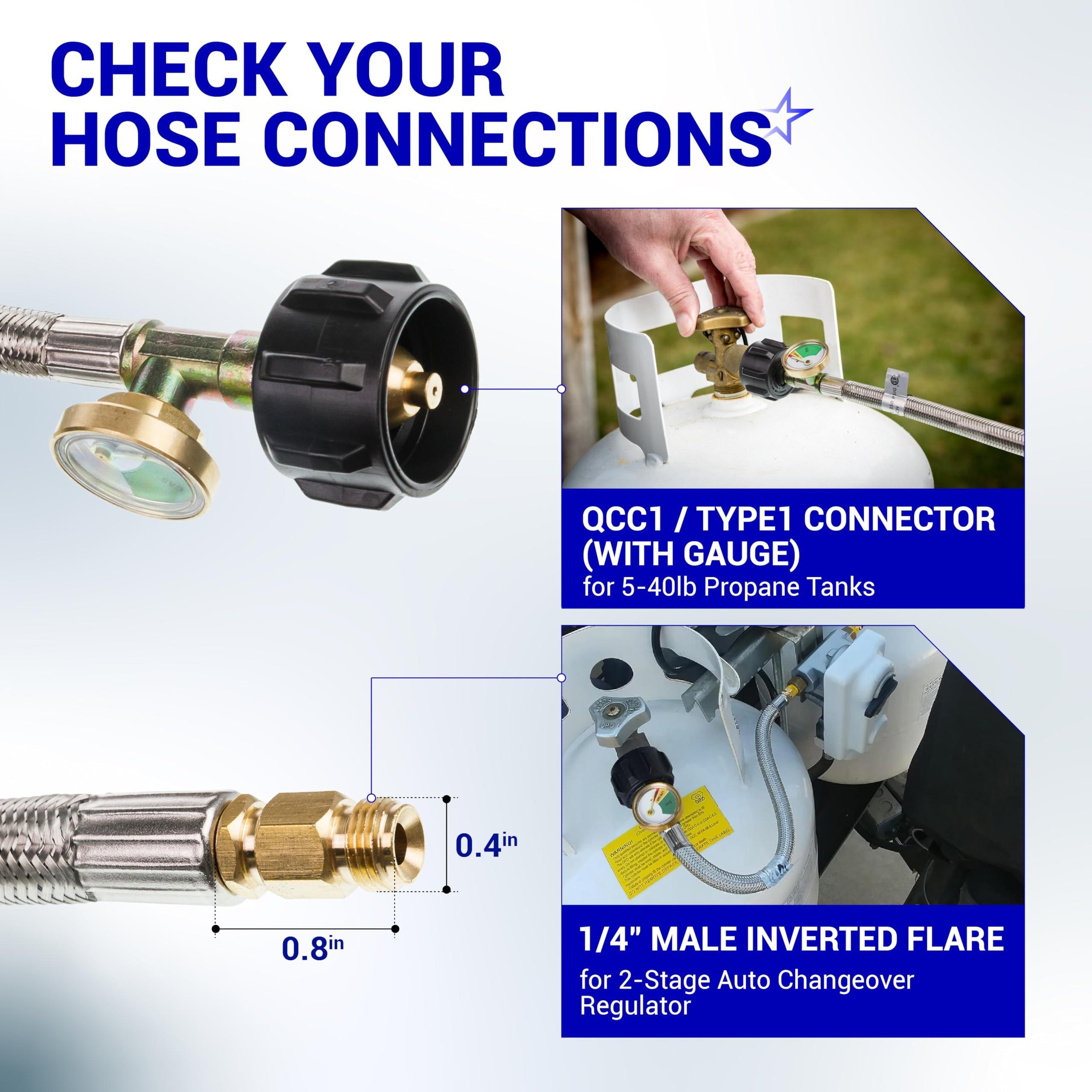 [Lifetime Warranty] [1/4" Male Inverted] 15 inch RV Propane Hoses with Gauge - Connects QCC1, Stainless Steel Braided Camper Propane Pigtail for 5LB - 40LB Tank to Two-Stage Regulator - 2 Pack with Tape image 1
