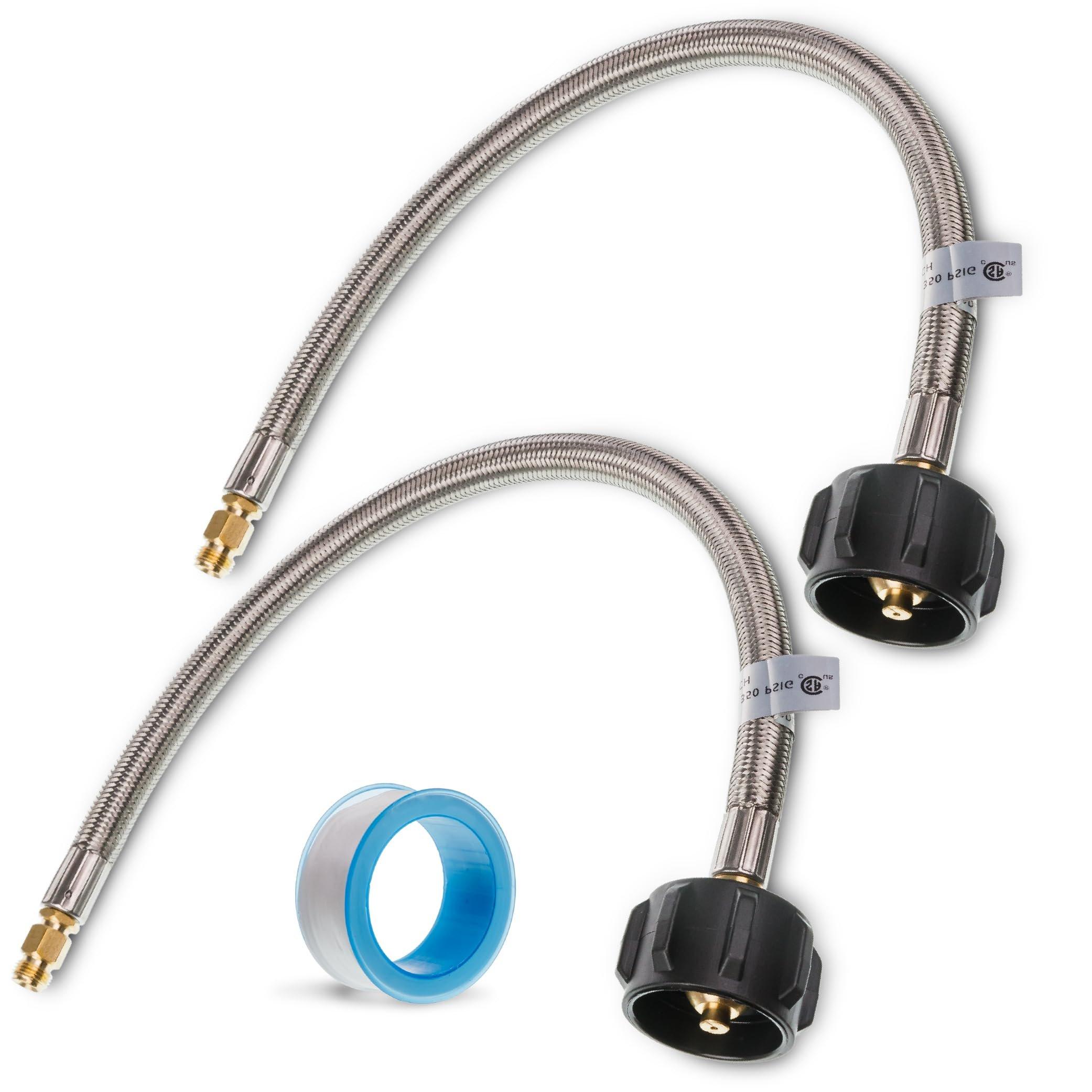 [1/4â€ Male Inverted Flare] 15 inch Stainless Braided RV Propane Pigtail Hose - Connects QCC1 - Propane Tank Connector for BBQ RV Camper Two-Stage Regulator - 2 Pack, Includes Seal Tape image 0