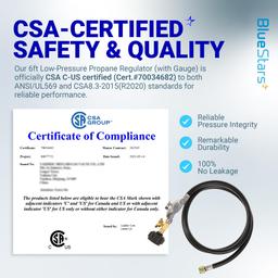 [Lifetime Warranty] [CSA Certified] 6 Feet Propane Hose Regulator with Gauge - Universal Regulator for Weber Charbroil Nexgrill Cuisinart Grill, Patio Heater and Fire Pit, Low Pressure 3/8" Female Flare Nut thumbnail 1