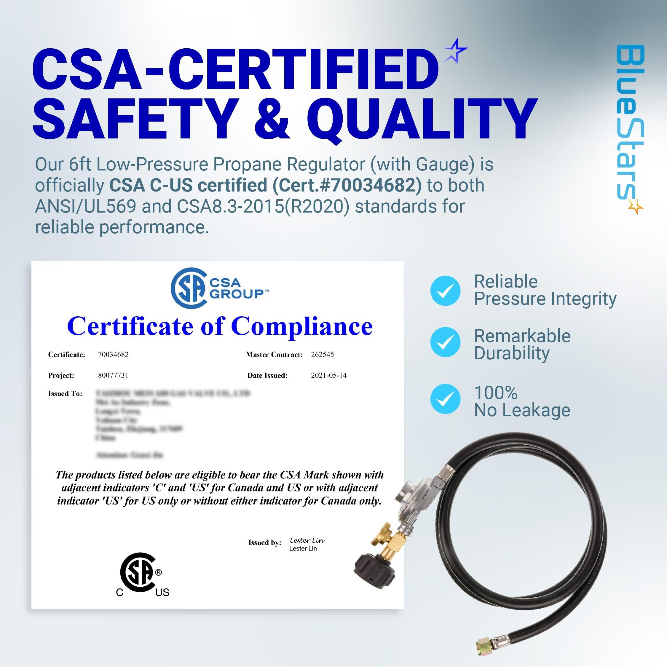 [Lifetime Warranty] [CSA Certified] 6 Feet Propane Hose Regulator with Gauge - Universal Regulator for Weber Charbroil Nexgrill Cuisinart Grill, Patio Heater and Fire Pit, Low Pressure 3/8" Female Flare Nut image 1