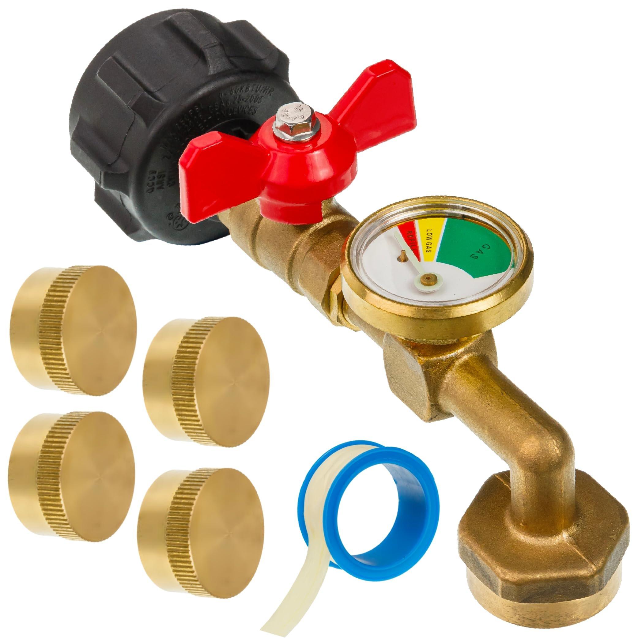 [Lifetime Warranty] Propane Refill Adapter for 1 LB. Tanks - Solid Brass Propane Adapter 20lb to 1lb Converter with Gauge Valve - Propane Refill Elbow Adapter for BBQ Grill Stove Camping RV image 0