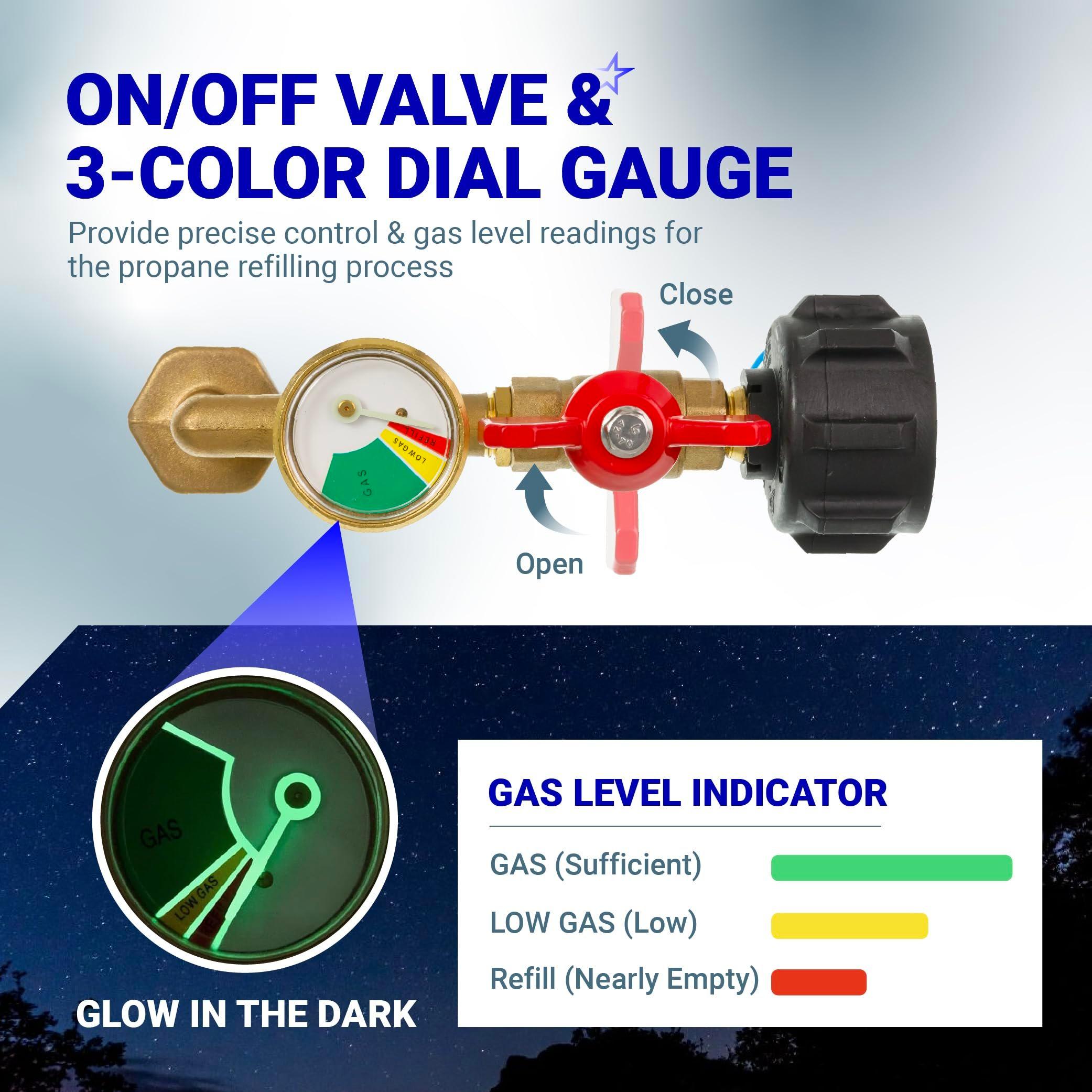 [Lifetime Warranty] Propane Refill Adapter for 1 LB. Tanks - Solid Brass Propane Adapter 20lb to 1lb Converter with Gauge Valve - Propane Refill Elbow Adapter for BBQ Grill Stove Camping RV image 4