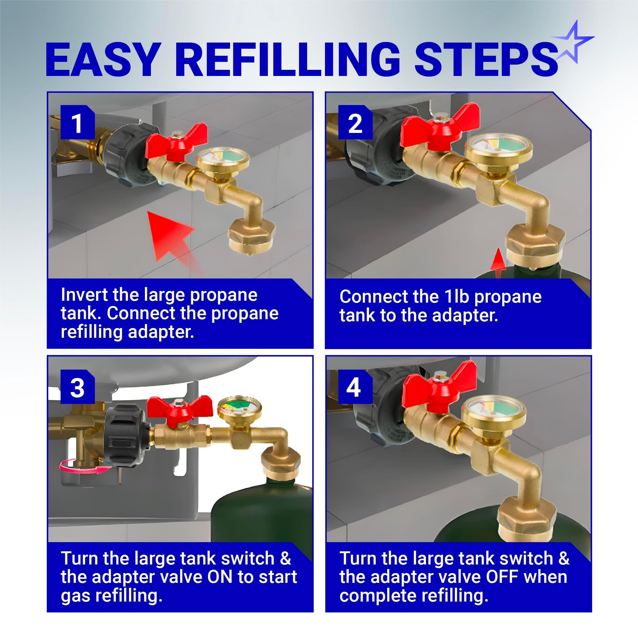 [Lifetime Warranty] Propane Refill Adapter for 1 LB. Tanks - Solid Brass Propane Adapter 20lb to 1lb Converter with Gauge Valve - Propane Refill Elbow Adapter for BBQ Grill Stove Camping RV image 6