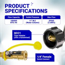 [Lifetime Warranty] Propane Quick Connect Adapter, 1/4" Propane Gas Grill Regulator with QCC1 Quick Connect Fittings, Connects 5-50lbs Propane Tank for Heaters Grills BBQ Camping RV Propane Regulator thumbnail 2