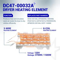 [Lifetime Warranty] DC47-00032A Dryer Heating Element Kit - Includes DC47-00018A, DC96-00887A, DC47-00016A, DC32-00007A for 3-Wire Samsung Dryers thumbnail 2