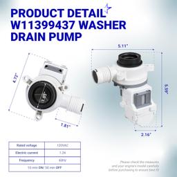 [Lifetime Warranty] W11399437 Washer Drain Pump - For Whirlpool WTW5000DW3 WTW5010LW0 WTW5105HW1 Maytag MVW4505MW1 MVW5430MW0 MVWC565FW3 Kenmore - Replaces W11259498 AP6974144 PS12731241 EAP12731241 thumbnail 1
