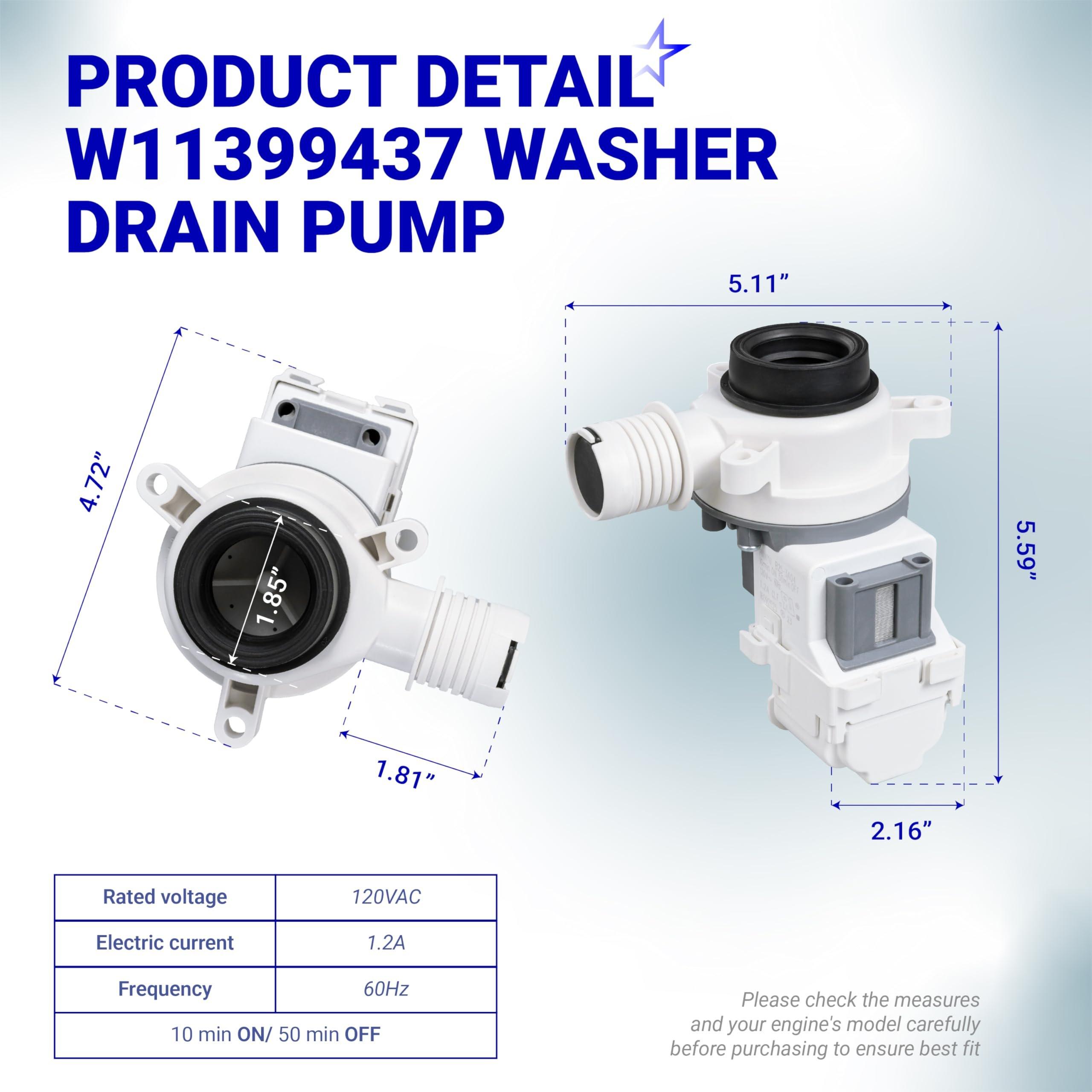 [Lifetime Warranty] W11399437 Washer Drain Pump - For Whirlpool WTW5000DW3 WTW5010LW0 WTW5105HW1 Maytag MVW4505MW1 MVW5430MW0 MVWC565FW3 Kenmore - Replaces W11259498 AP6974144 PS12731241 EAP12731241 image 1