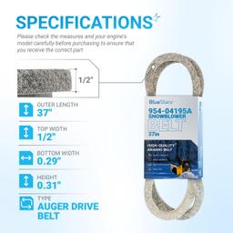 [Lifetime Warranty] 954-04195A Auger Belt for MTD, Cub Cadet, Troy-Bilt, Craftsman, Yard Man, Yard Machines Snowblower Snow Thrower - 1/2" x 37" thumbnail 2