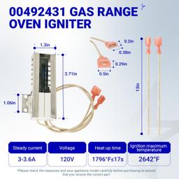 [Lifetime Warranty] 00492431 Gas Range Oven Igniter - Compatible with Bosch Thermador Range - Replaces 00492431 AP3674290 1107469 20-01-500 487383 492431 610098 3472541 EA3472541 PS3472541 PS8722793 thumbnail 1