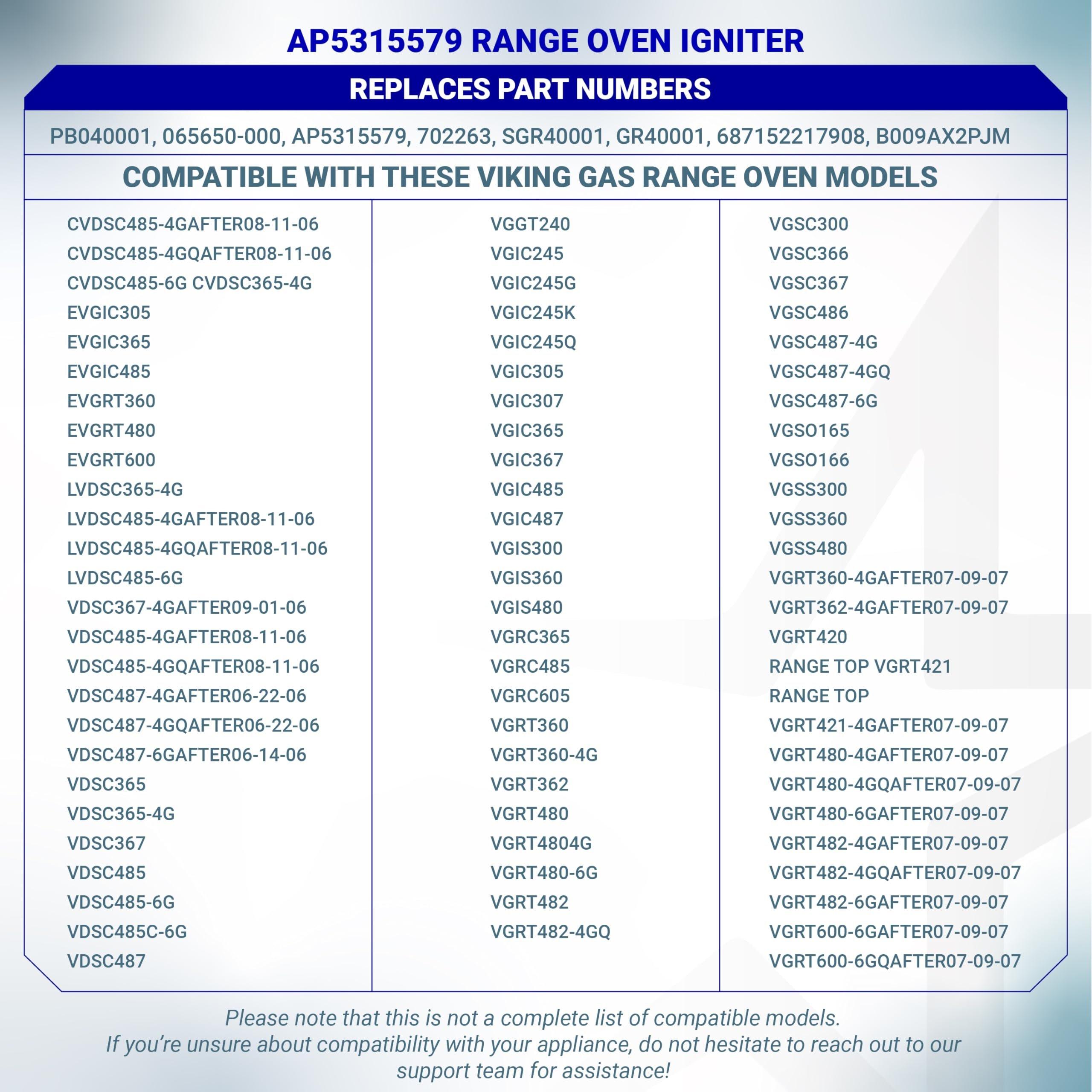 [Lifetime Warranty] AP5315579 Gas Range Oven Igniter - Compatible with Viking Range Ovens - Replaces PB040001 065650-000 702263 SGR40001 GR40001 792263- Includes 2 Igniters and 4 Ceramic Nuts image 8