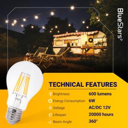 [Lifetime Warranty] 12V LED Light Bulb 6W 600Lm A19 E26 Base, Low Voltage 12-24V AC/DC 60W Equivalent, Warm White 2700K - Pack of 6 thumbnail 2