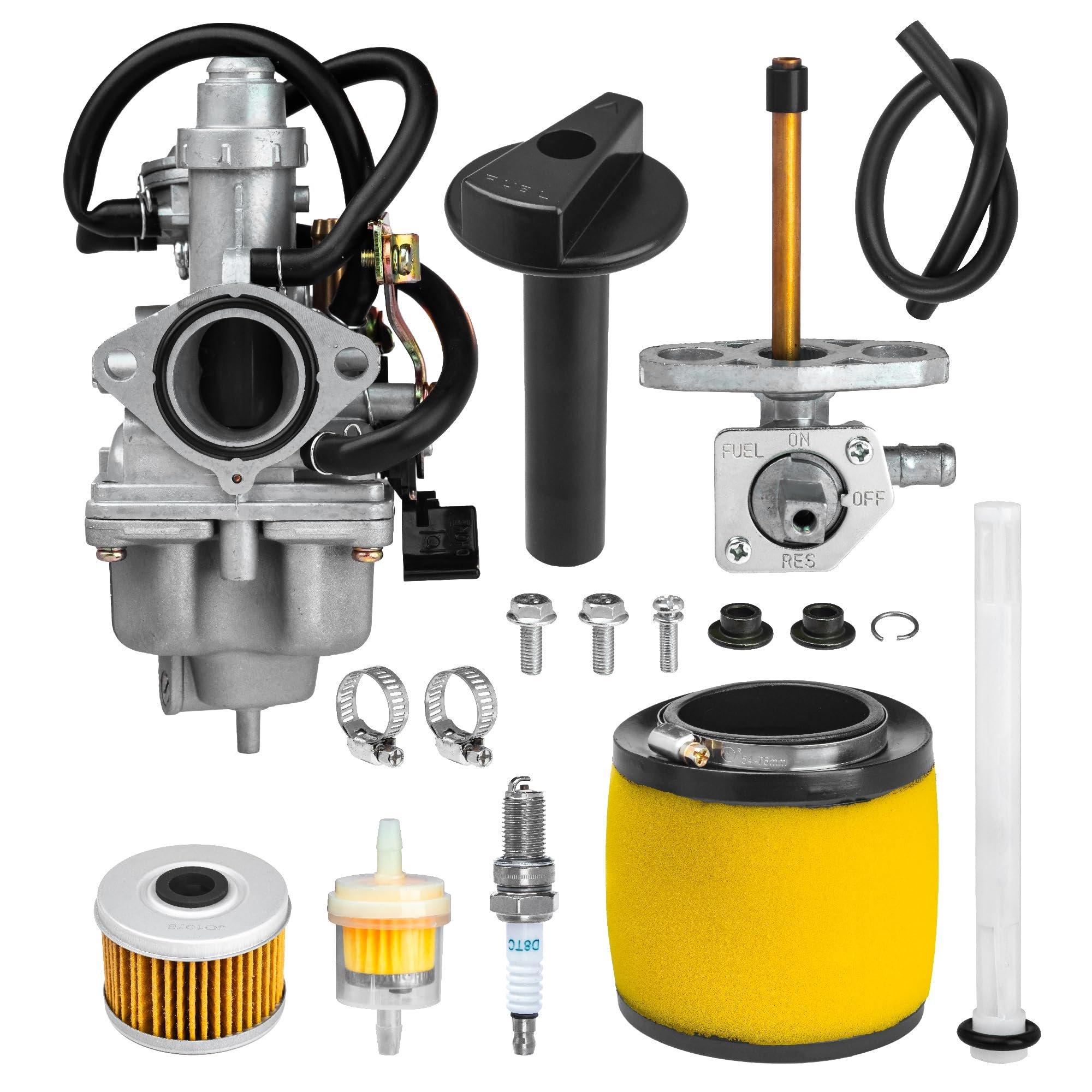 [Lifetime Warranty] TRX250 Carburetor Kit - Compatible with Honda TRX 250 Recon (TRX250TM, TRX250TE) ATV - Replaces 16100-HM8-B01, Includes Petcock, Air Filter, Fuel Filter, Oil Filter, Spark Plug, Lever Screw image 0