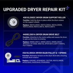 [Lifetime Warranty] Dryer Roller Repair Kit for LG Kenmore DLE0442W DLGX3371W DLE5977W DLE2516W DLE2301R DLE5955W Dryers - Includes 4581EL2002C Drum Rollers 4561EL3002A Idler Pulley 4400EL2001A Belt & Spring thumbnail 5