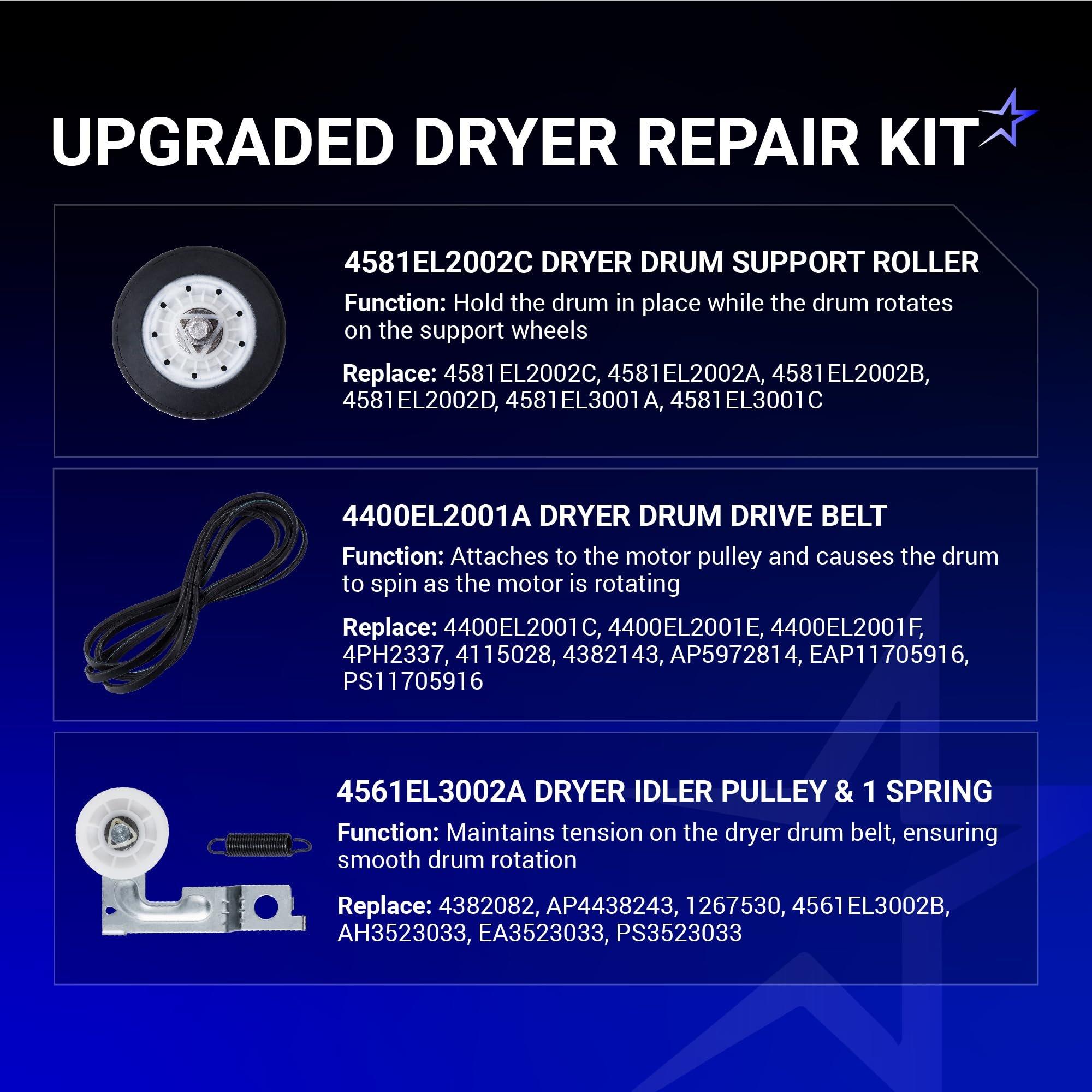 [Lifetime Warranty] Dryer Roller Repair Kit for LG Kenmore DLE0442W DLGX3371W DLE5977W DLE2516W DLE2301R DLE5955W Dryers - Includes 4581EL2002C Drum Rollers 4561EL3002A Idler Pulley 4400EL2001A Belt & Spring image 5