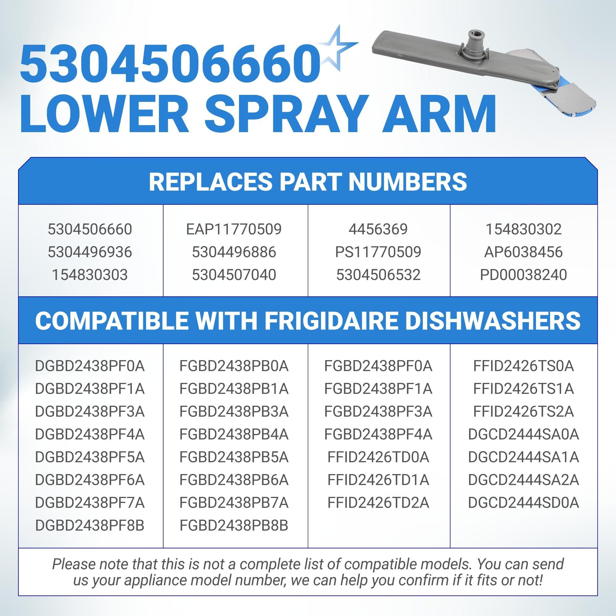 [Lifetime Warranty] 5304506660 Dishwasher Lower Spray Arm LFID2426TF5A FFID2426TS1A - Compatible with several Frigidaire Dishwashers Wash Arm Assembly - Replaces 5304496886 5304496936 AP6038456 image 3