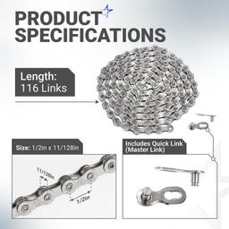9 Speed Bike Chain 1/2 x 11/128 Inch (116 Links) with Quick Link - Compatible with Shimano SRAM Campagnolo thumbnail 1