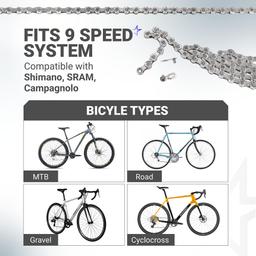 9 Speed Bike Chain 1/2 x 11/128 Inch (116 Links) with Quick Link - Compatible with Shimano SRAM Campagnolo thumbnail 2