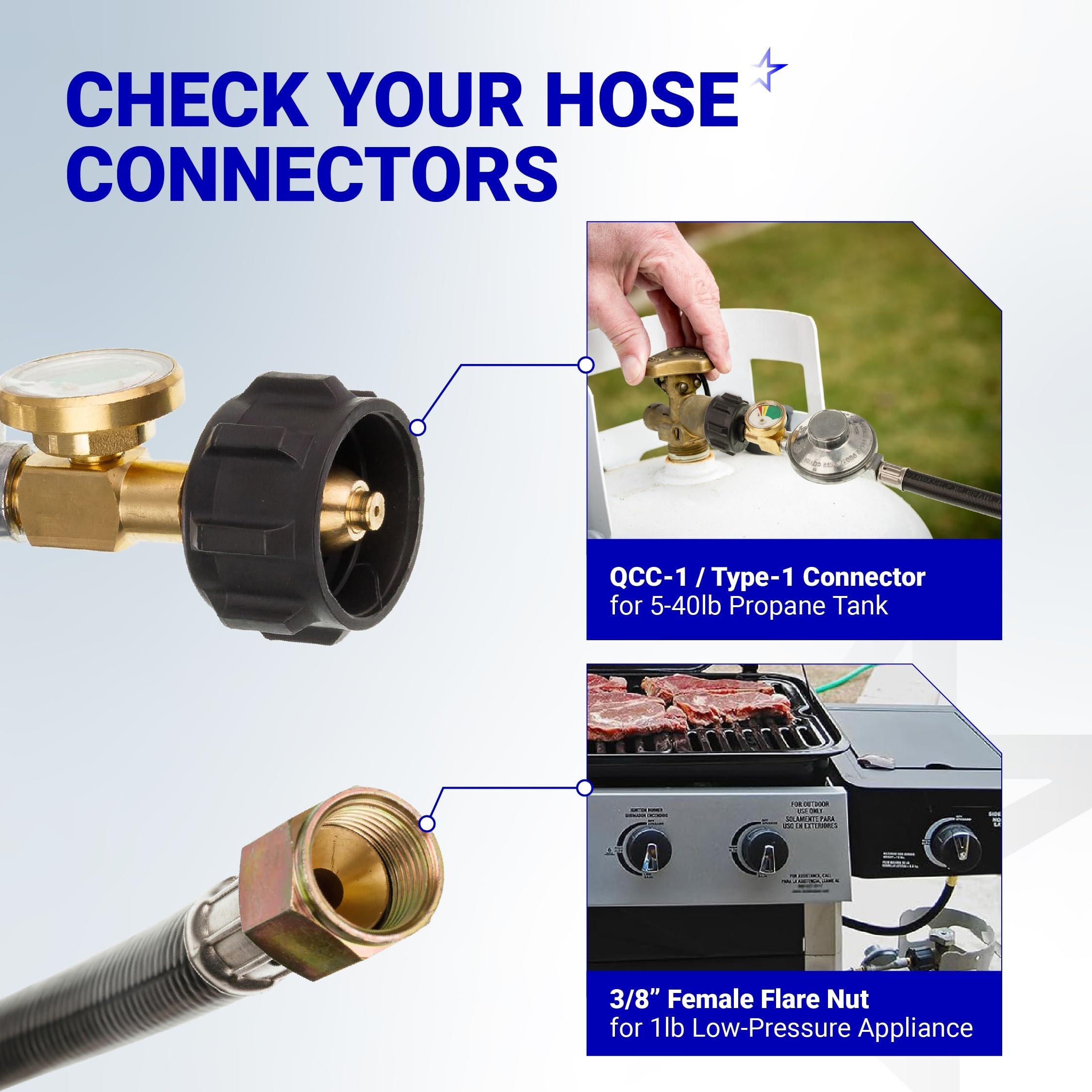 [Lifetime Warranty] 3 Feet Propane Regulator Hose with Propane Tank Gauge - Universal Grill Regulator Replacement Part for Most LP Gas Grill Heater and Fire Pit Table 3/8" Female Flare Nut - CSA Certified image 2