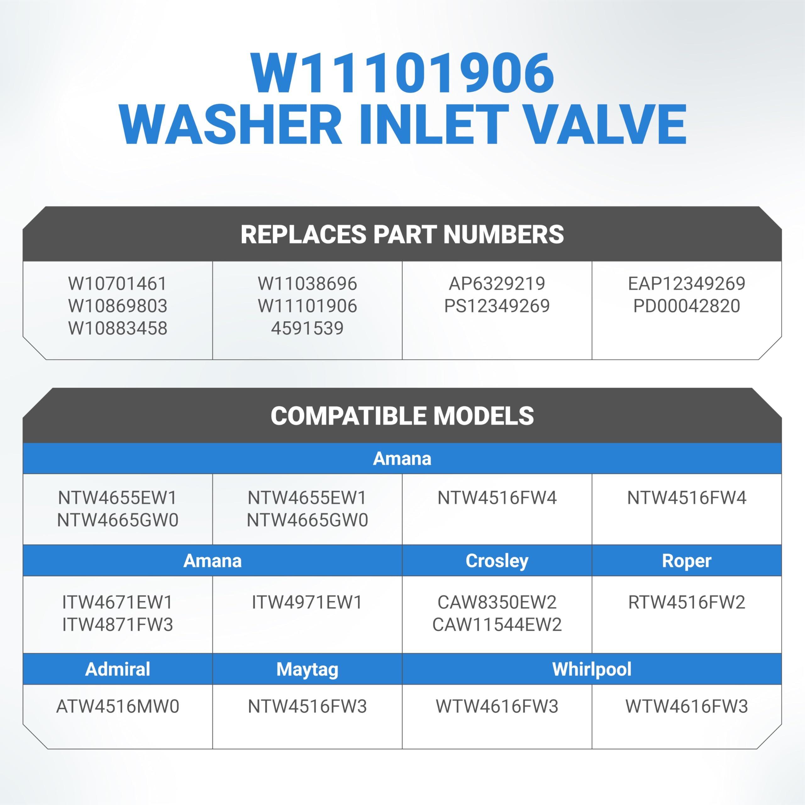 [Lifetime Warranty] W11101906 W11210463 Washer Water Inlet Valve Replacement - Compatible with Whirlpool Amana Maytag Washer - Replaces W10701461 W10883458 W10869803 W11038696 AP6329219 image 6