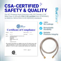 [Lifetime Warranty] 6 Feet Propane Hose Extension with 3/8" Female Flare x 3/8" Male Flare - Stainless Steel Braided Propane Tank Gas Line Hose thumbnail 1