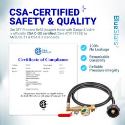 [Lifetime Warranty] 3 Feet Propane Refill Adapter Hose with Gauge & ON/Off Control Valve - Extension Propane Refill Hose Fill 1 LB Bottles from Large 5-40LB Tank - 350PSI High Pressure CSA Certified thumbnail 1