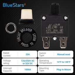 [Lifetime Warranty] 25Amp Thermal Circuit Breaker 125/250V AC 32V DC - Overload Protector with Push Button Manual Reset, Quick Connect Terminals, Waterproof Button Caps, Screws Kit - Pack of 2 thumbnail 2