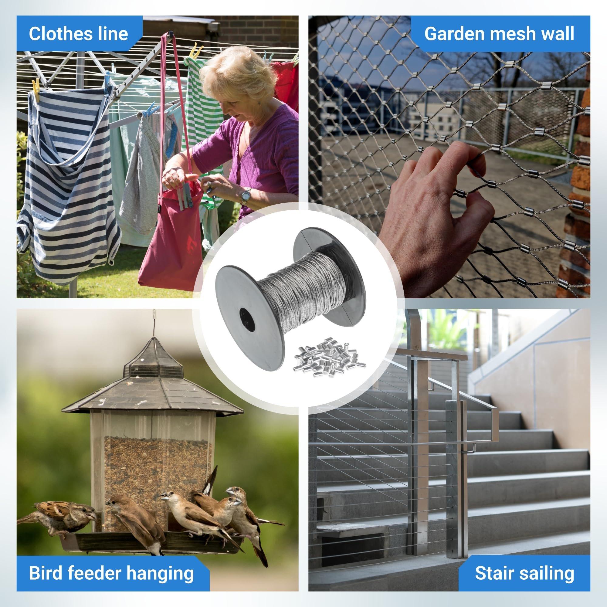 BlueStars 1/32" Wire Rope Kit - 200FT Wire Rope with 50pcs Aluminum Crimping Sleeves Stops - 7x7 Strand Core Heavy Braided Steel Cable for Deck Railing, String Lights, Garden Trellis and More image 5