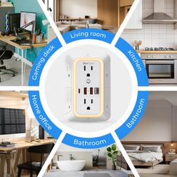 [Lifetime Warranty] Surge Protector Outlet Extender, 6 Outlets & 4 USB Ports with Fast Charging Type C PD 20W, Night Light, 3-Sided Power Strip, Multi Plug Wall Charger thumbnail 9