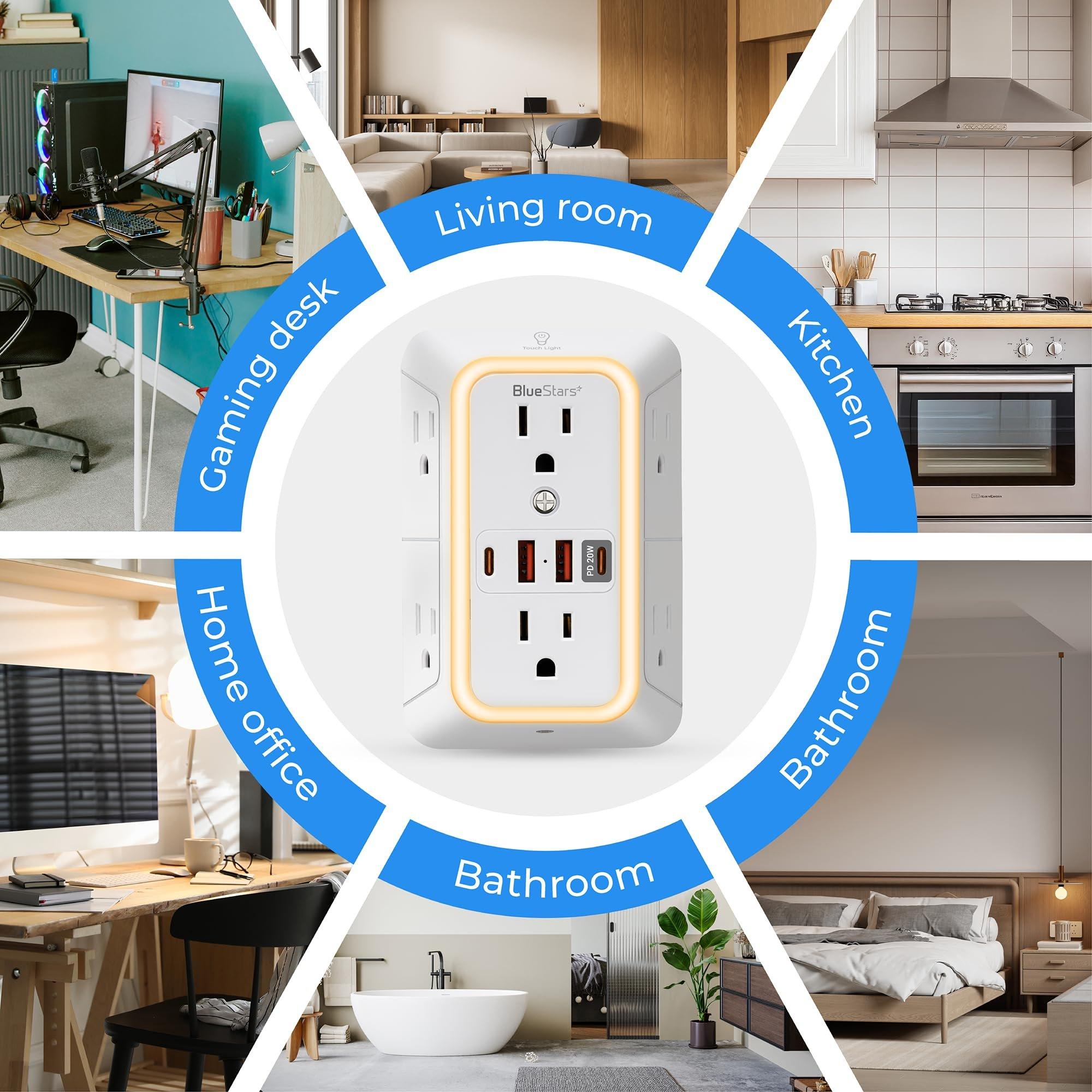 [Lifetime Warranty] Surge Protector Outlet Extender, 6 Outlets & 4 USB Ports with Fast Charging Type C PD 20W, Night Light, 3-Sided Power Strip, Multi Plug Wall Charger image 9