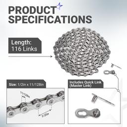 [Lifetime Warranty] 10 Speed Bike Chain 1/2 x 11/128 Inch (116 Links) with Quick Link - Anti-Rust Bicycle Chain - for MTB/Road/Gravel/Cyclocross Bikes - Compatible with Shimano SRAM Campagnolo thumbnail 1