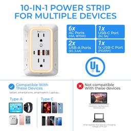 [Lifetime Warranty] Surge Protector Outlet Extender, 6 Outlets & 4 USB Ports with Fast Charging Type C PD 20W, Night Light, 3-Sided Power Strip, Multi Plug Wall Charger thumbnail 2
