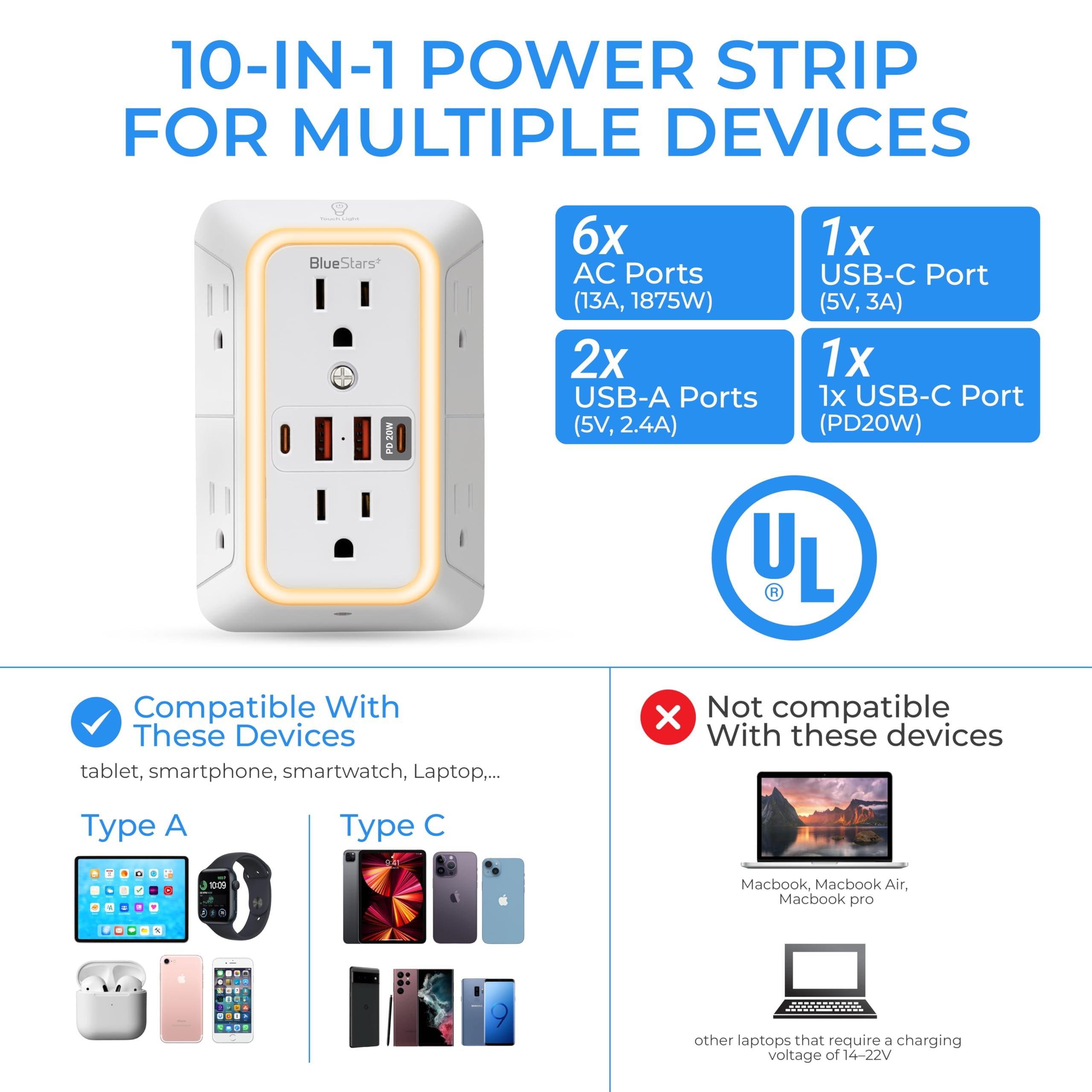 [Lifetime Warranty] Surge Protector Outlet Extender, 6 Outlets & 4 USB Ports with Fast Charging Type C PD 20W, Night Light, 3-Sided Power Strip, Multi Plug Wall Charger image 2