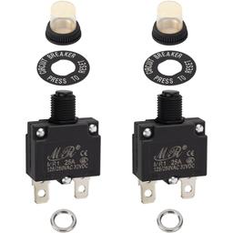 [Lifetime Warranty] 25Amp Thermal Circuit Breaker 125/250V AC 32V DC - Overload Protector with Push Button Manual Reset, Quick Connect Terminals, Waterproof Button Caps, Screws Kit - Pack of 2 thumbnail 0