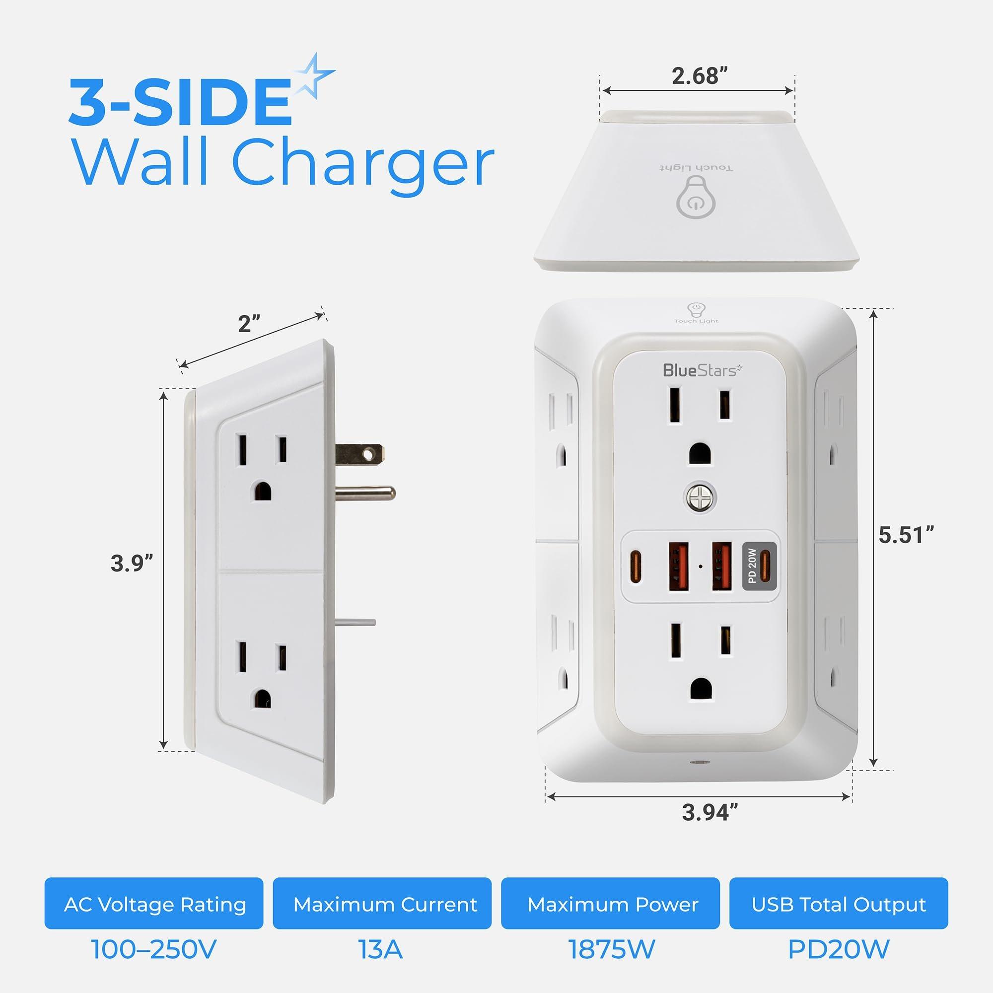 [Lifetime Warranty] Surge Protector Outlet Extender, 6 Outlets & 4 USB Ports with Fast Charging Type C PD 20W, Night Light, 3-Sided Power Strip, Multi Plug Wall Charger image 1