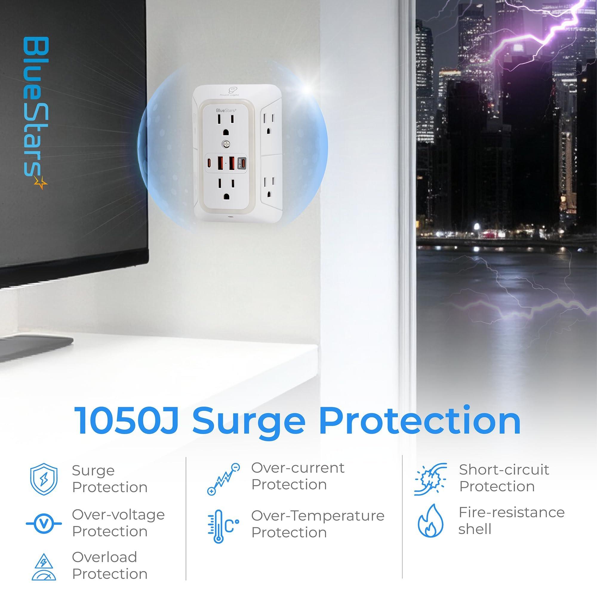 [Lifetime Warranty] Surge Protector Outlet Extender, 6 Outlets & 4 USB Ports with Fast Charging Type C PD 20W, Night Light, 3-Sided Power Strip, Multi Plug Wall Charger image 6