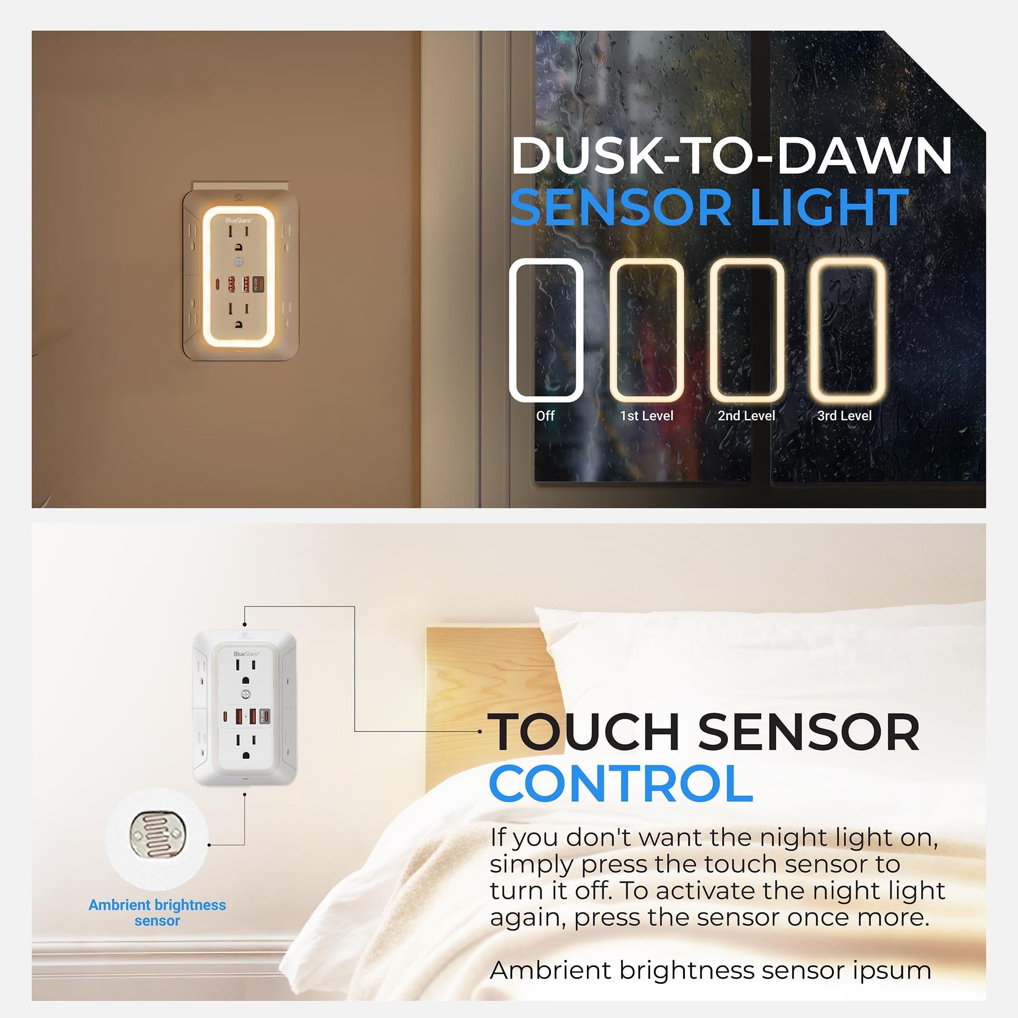 [Lifetime Warranty] Surge Protector Outlet Extender, 6 Outlets & 4 USB Ports with Fast Charging Type C PD 20W, Night Light, 3-Sided Power Strip, Multi Plug Wall Charger image 3