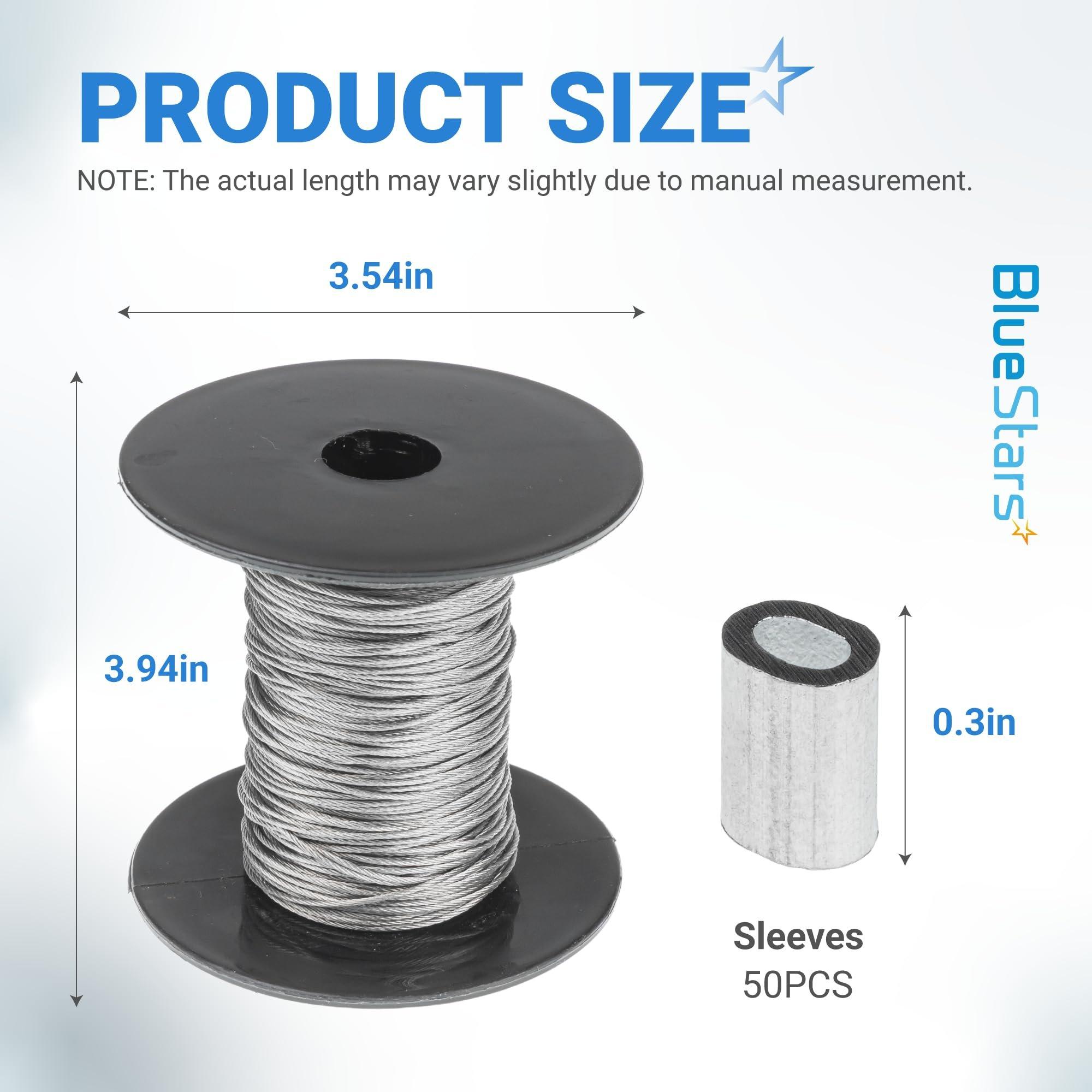 BlueStars 1/32" Wire Rope Kit - 200FT Wire Rope with 50pcs Aluminum Crimping Sleeves Stops - 7x7 Strand Core Heavy Braided Steel Cable for Deck Railing, String Lights, Garden Trellis and More image 1
