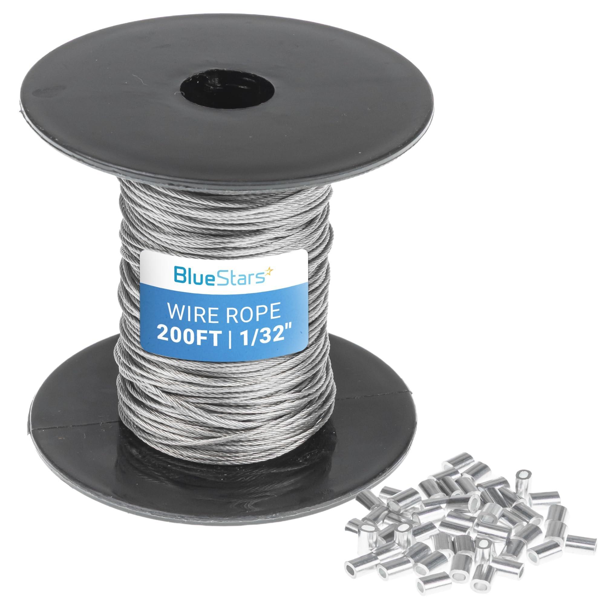 BlueStars 1/32" Wire Rope Kit - 200FT Wire Rope with 50pcs Aluminum Crimping Sleeves Stops - 7x7 Strand Core Heavy Braided Steel Cable for Deck Railing, String Lights, Garden Trellis and More image 0