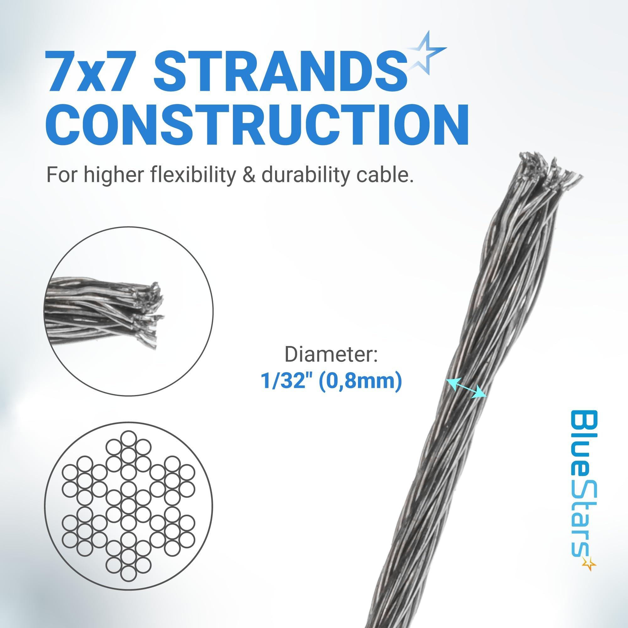 BlueStars 1/32" Wire Rope Kit - 200FT Wire Rope with 50pcs Aluminum Crimping Sleeves Stops - 7x7 Strand Core Heavy Braided Steel Cable for Deck Railing, String Lights, Garden Trellis and More image 2