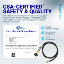 [Lifetime Warranty] [CSA Certified] 6 Feet Propane Hose Regulator with Gauge - Universal Regulator for Weber Nexgrill Cuisinart Grill, Patio Heater and Fire Pit, Low Pressure 3/8" Female Flare Nut thumbnail 1