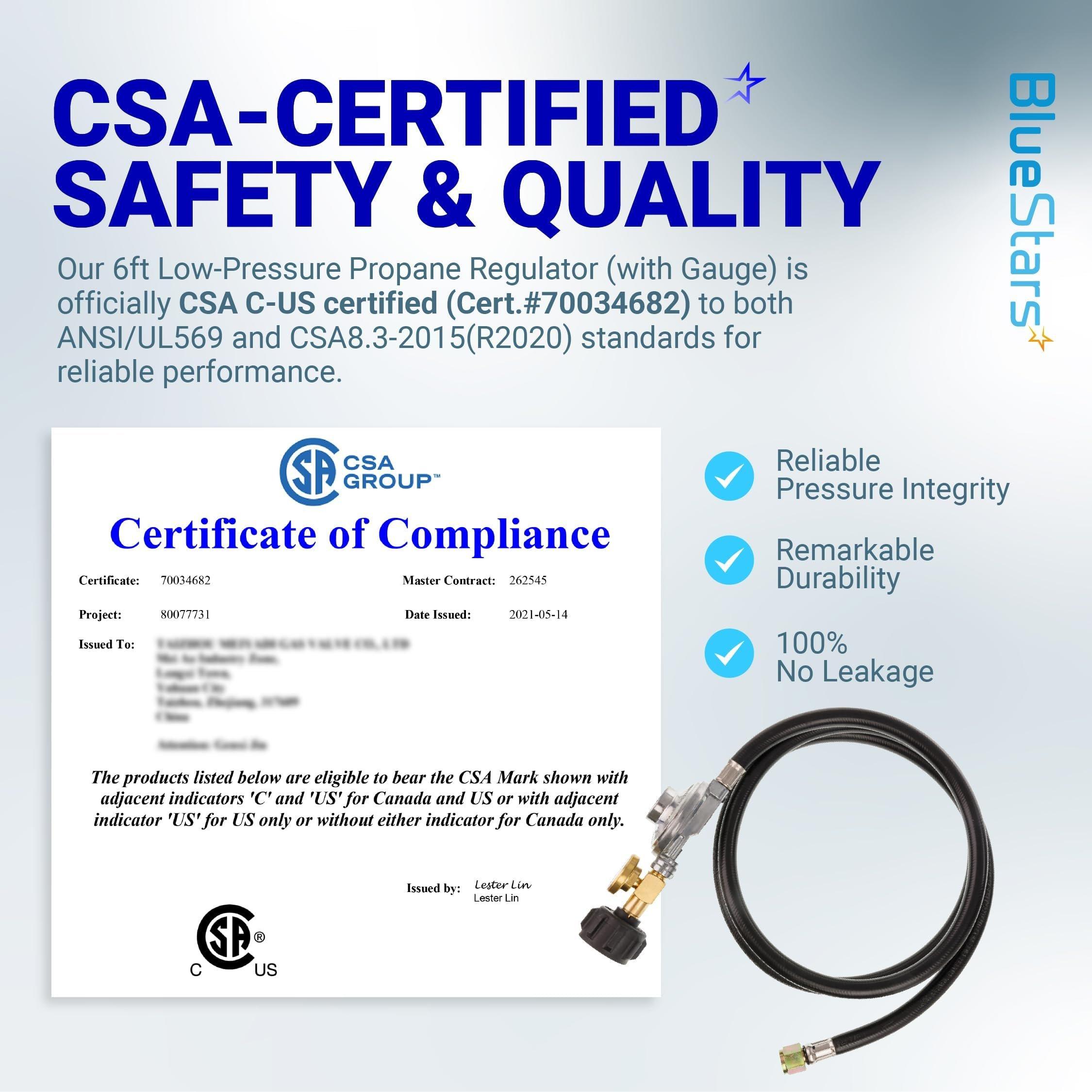 [Lifetime Warranty] [CSA Certified] 6 Feet Propane Hose Regulator with Gauge - Universal Regulator for Weber Nexgrill Cuisinart Grill, Patio Heater and Fire Pit, Low Pressure 3/8" Female Flare Nut image 1