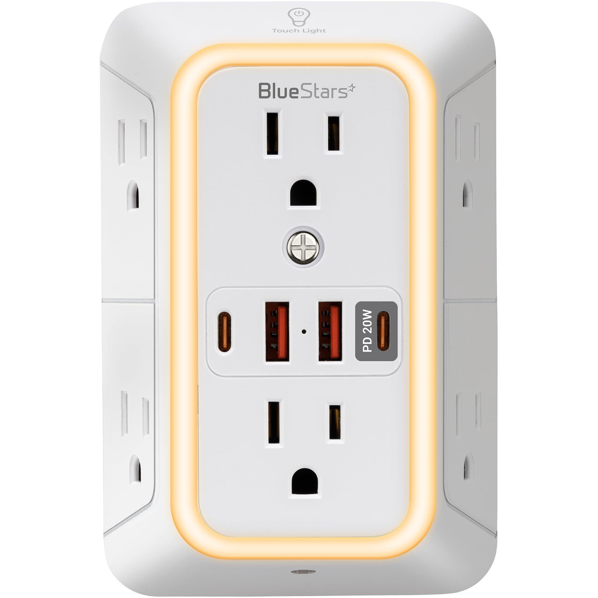 [Lifetime Warranty] Surge Protector Outlet Extender, 6 Outlets & 4 USB Ports with Fast Charging Type C PD 20W, Night Light, 3-Sided Power Strip, Multi Plug Wall Charger image 0