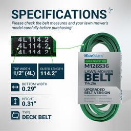 [Upgraded Grip120] BlueStars M126536 Mower Deck Belt for 38" and 42C Deck J-Deere LT133 LT150 LT155 LT160 LT166 LT180 Cub Cadet Lawn Mowers - Replaces 01005375 01005375P Aramid Cord 1/2" x 114.2" thumbnail 1