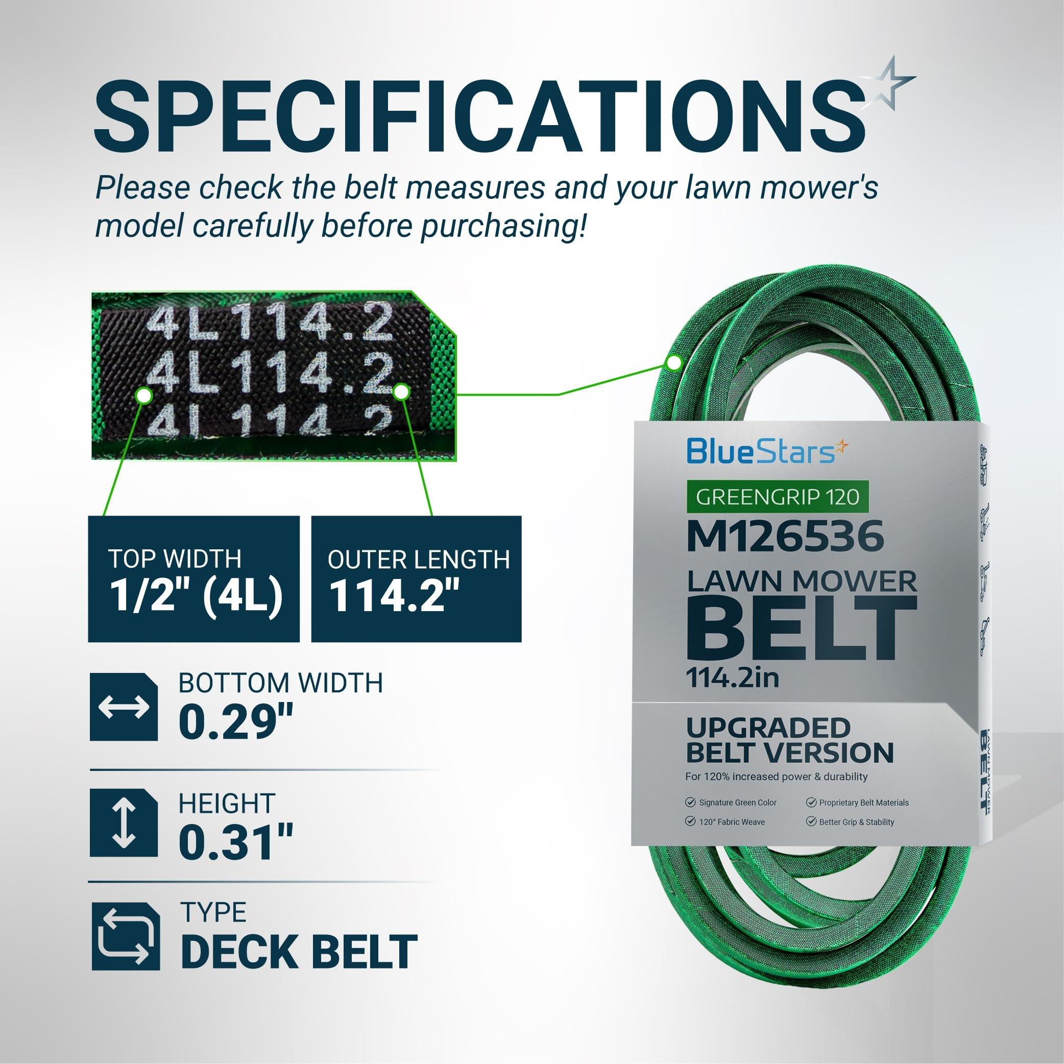 [Upgraded Grip120] BlueStars M126536 Mower Deck Belt for 38" and 42C Deck J-Deere LT133 LT150 LT155 LT160 LT166 LT180 Cub Cadet Lawn Mowers - Replaces 01005375 01005375P Aramid Cord 1/2" x 114.2" image 1