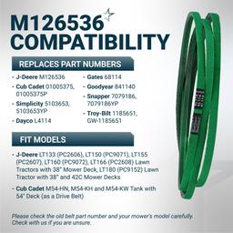 [Upgraded Grip120] BlueStars M126536 Mower Deck Belt for 38" and 42C Deck J-Deere LT133 LT150 LT155 LT160 LT166 LT180 Cub Cadet Lawn Mowers - Replaces 01005375 01005375P Aramid Cord 1/2" x 114.2" thumbnail 5