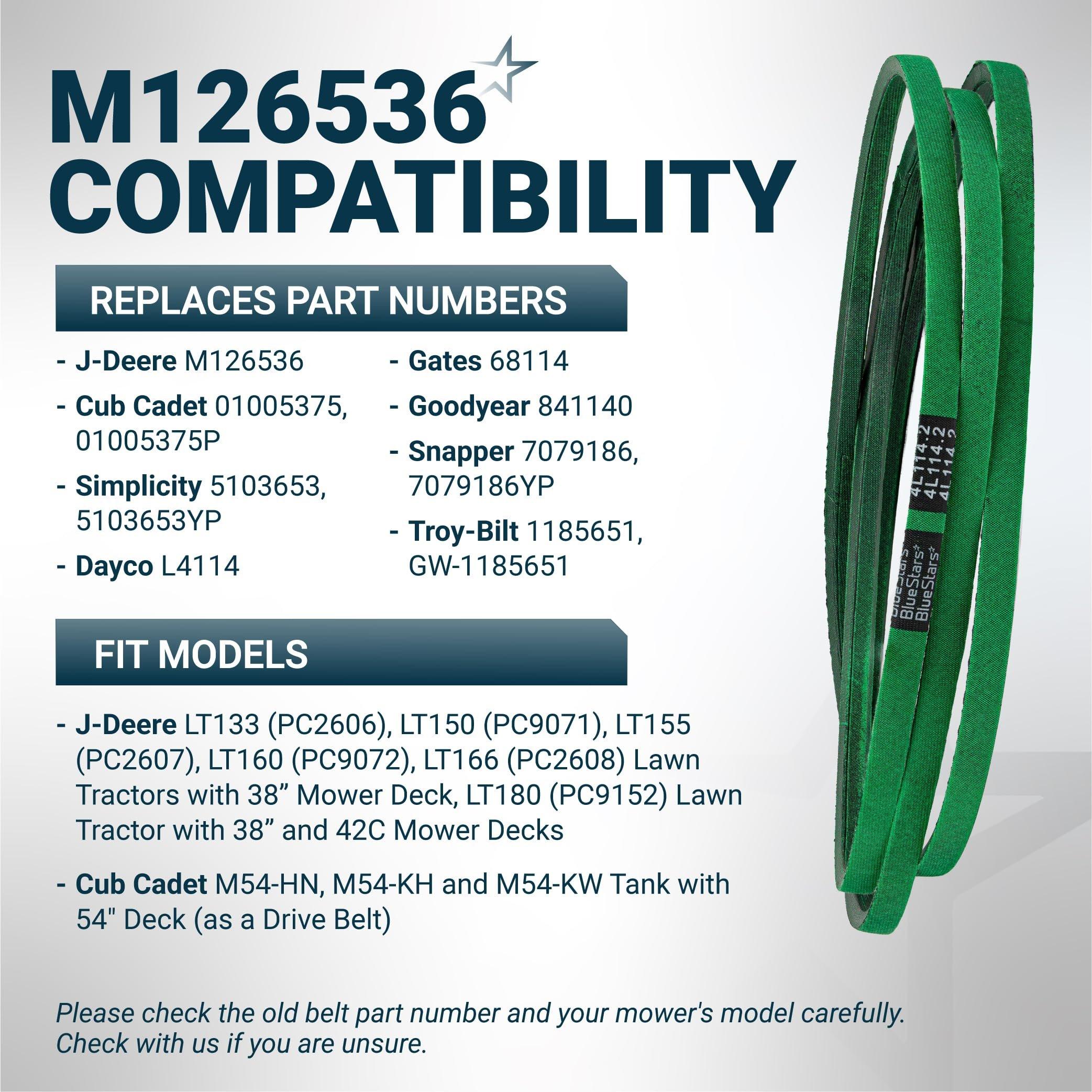 [Upgraded Grip120] BlueStars M126536 Mower Deck Belt for 38" and 42C Deck J-Deere LT133 LT150 LT155 LT160 LT166 LT180 Cub Cadet Lawn Mowers - Replaces 01005375 01005375P Aramid Cord 1/2" x 114.2" image 5