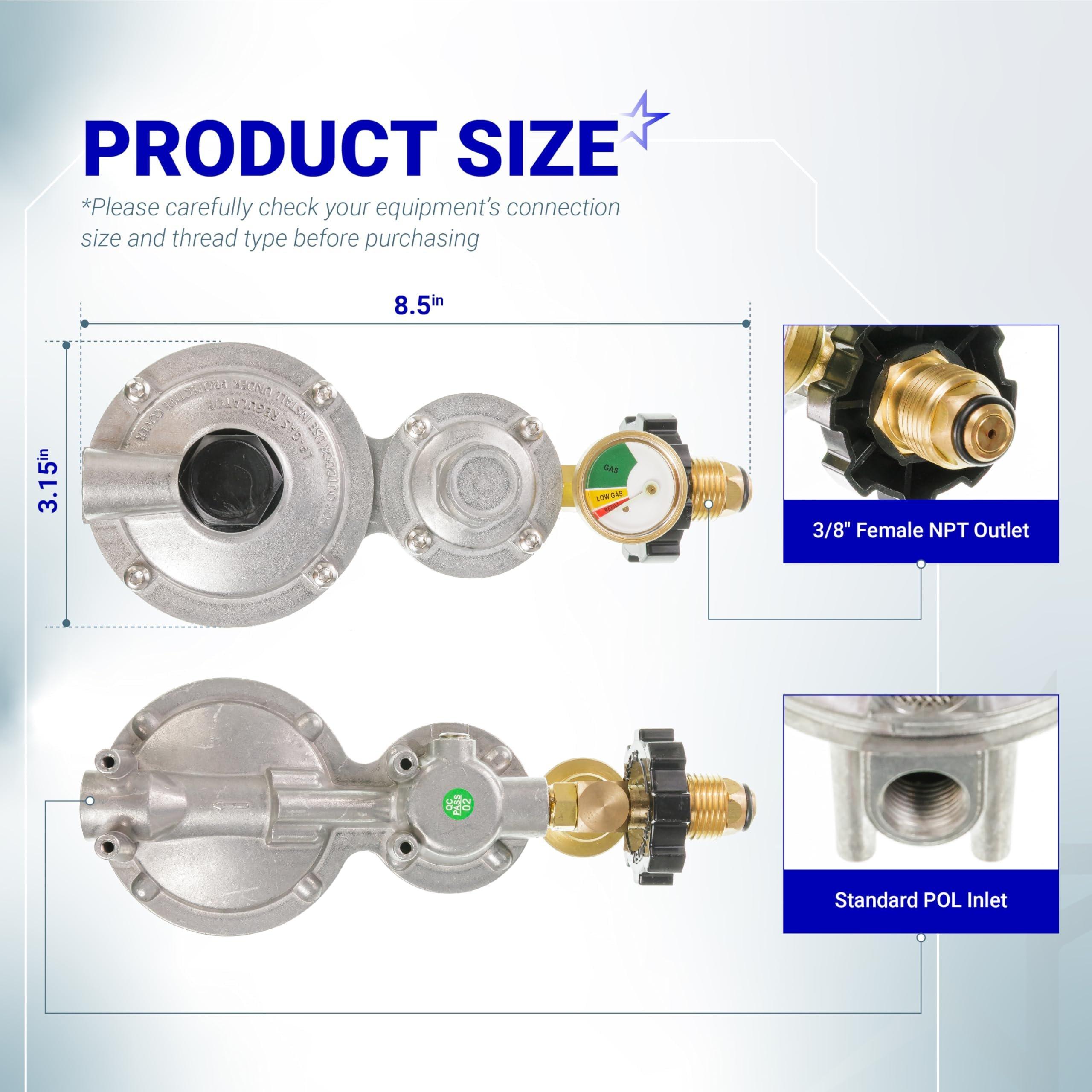 [Lifetime Warranty] [CSA Certified] 2 Stage Propane Regulator with Gauge & POL - Standard P.O.L Connection for 20–100lb Tank and 3/8in Female Flare for RV Camper Grill Heater Generator - Propane Tank Regulator image 2